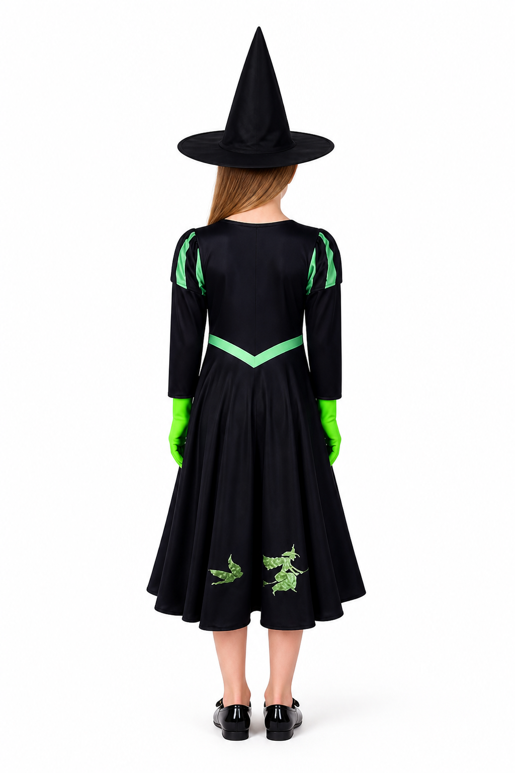 Witch Costume Set With Hat And Gloves, Black And Green Long Sleeve Dress With back view