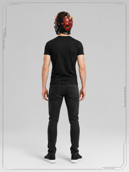 Red-and-Black Carnival Mask with Horns for Halloween back view