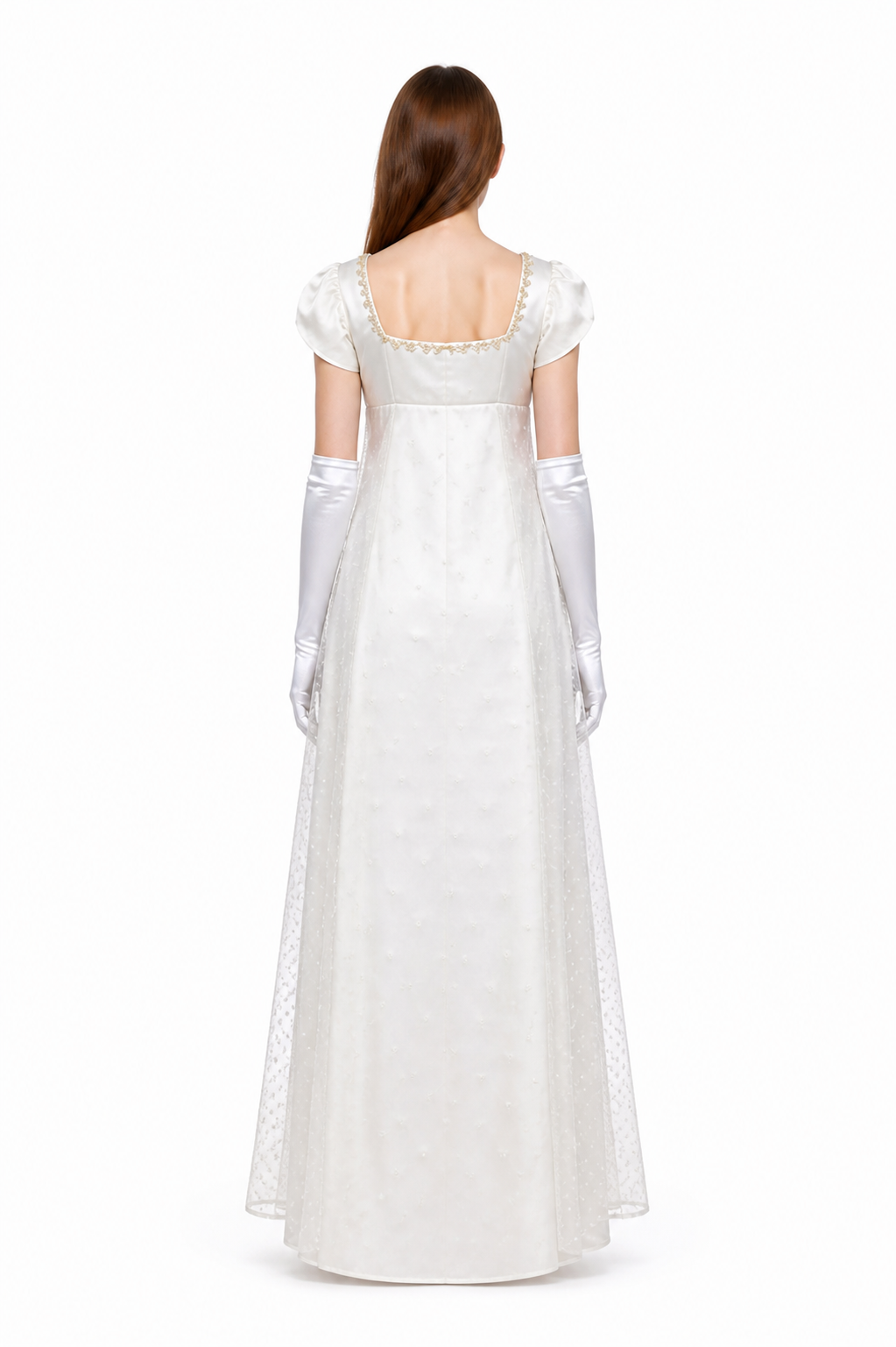 Polka-Dot Dress with a Square Neckline and Puff Sleeves back view
