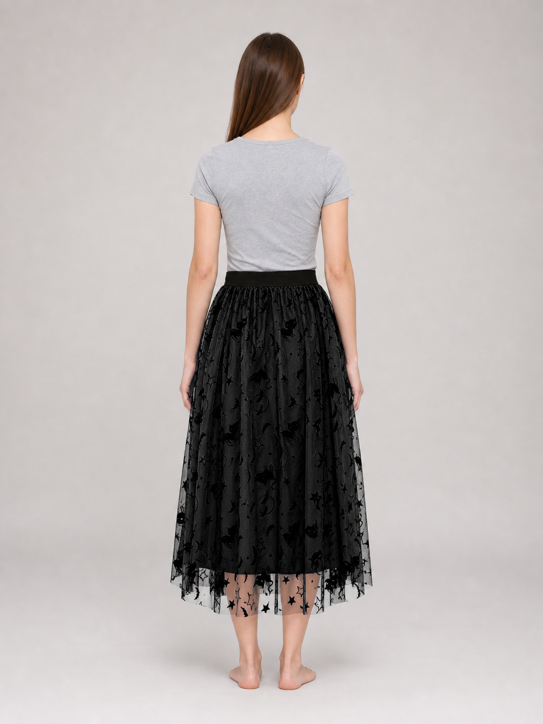 Black mesh midi skirt with bats