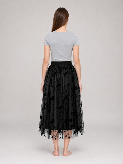 Black mesh midi skirt with bats