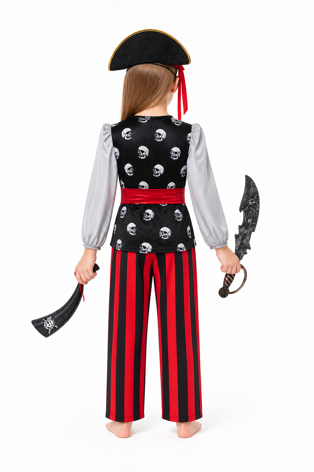 Pirate Costume with Skull, Hat, and Stripes back view
