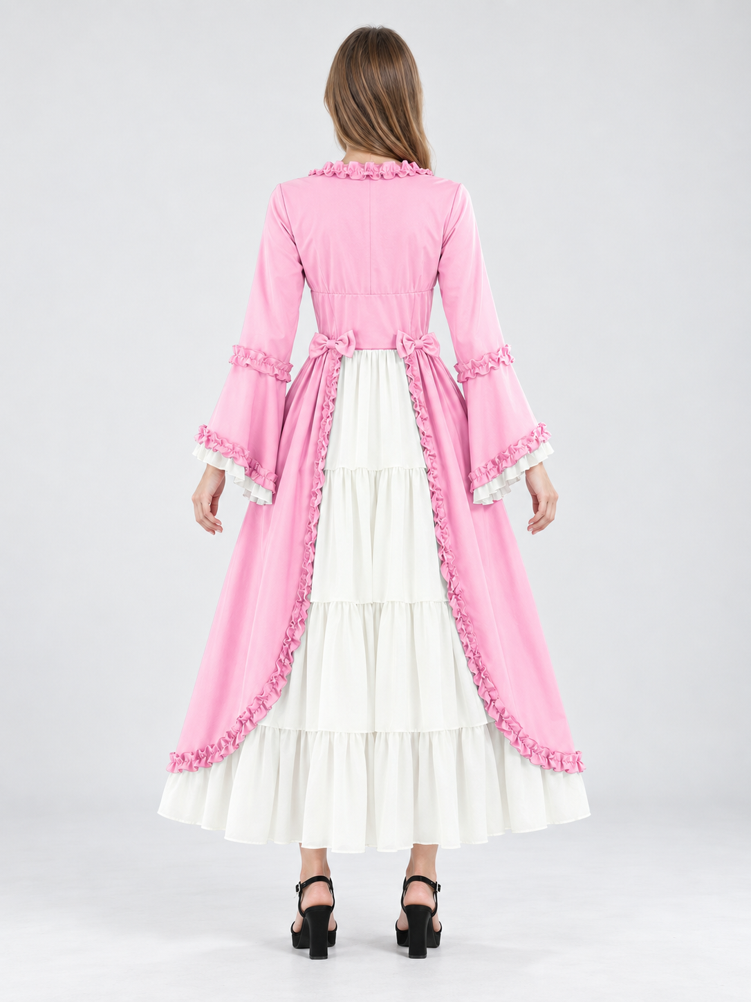 Long Dress with Bows, Ruffles, and a White Tiered Skirt back view