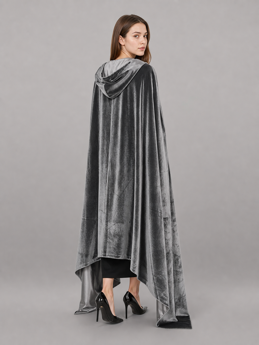 Gray Hooded Long Costume Cape