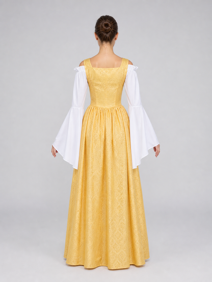The yellow dress is designed in a fairytale costume style with distinctive