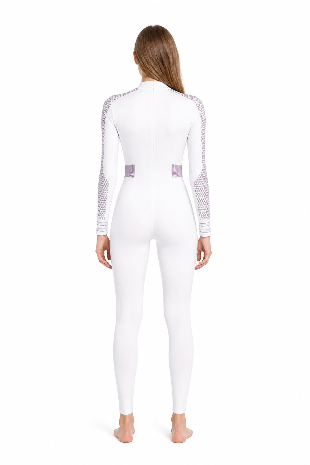 White Jumpsuit with Zipper and Stand Collar back view