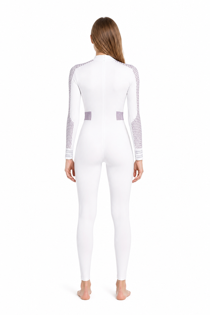 White Jumpsuit with Zipper and Stand Collar back view