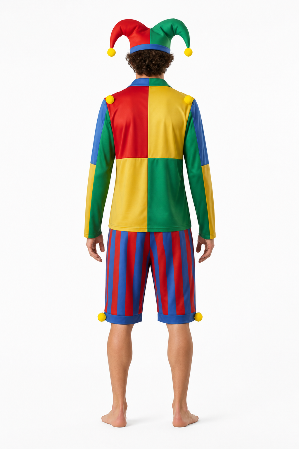 Clown Costume with Striped Shorts and Hat back view