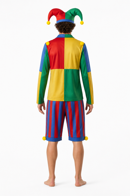 Clown Costume with Striped Shorts and Hat back view