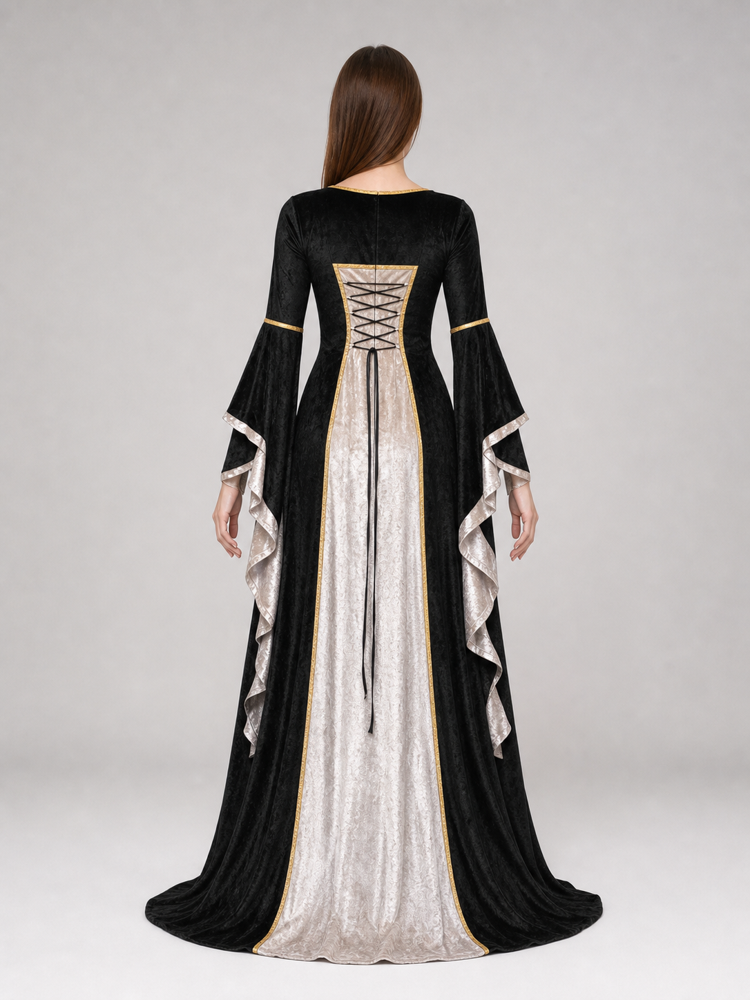 Floor-Length Dress with Corset Lacing and Ruffles