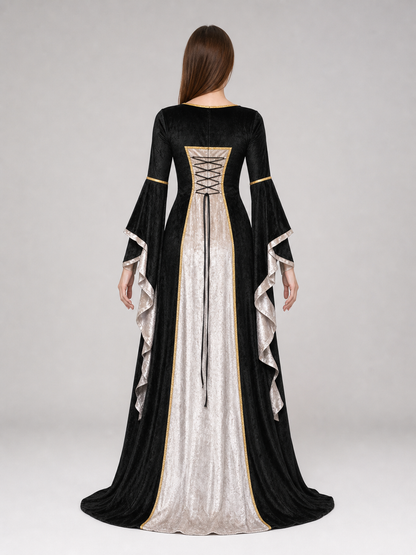 Floor-Length Dress with Corset Lacing and Ruffles