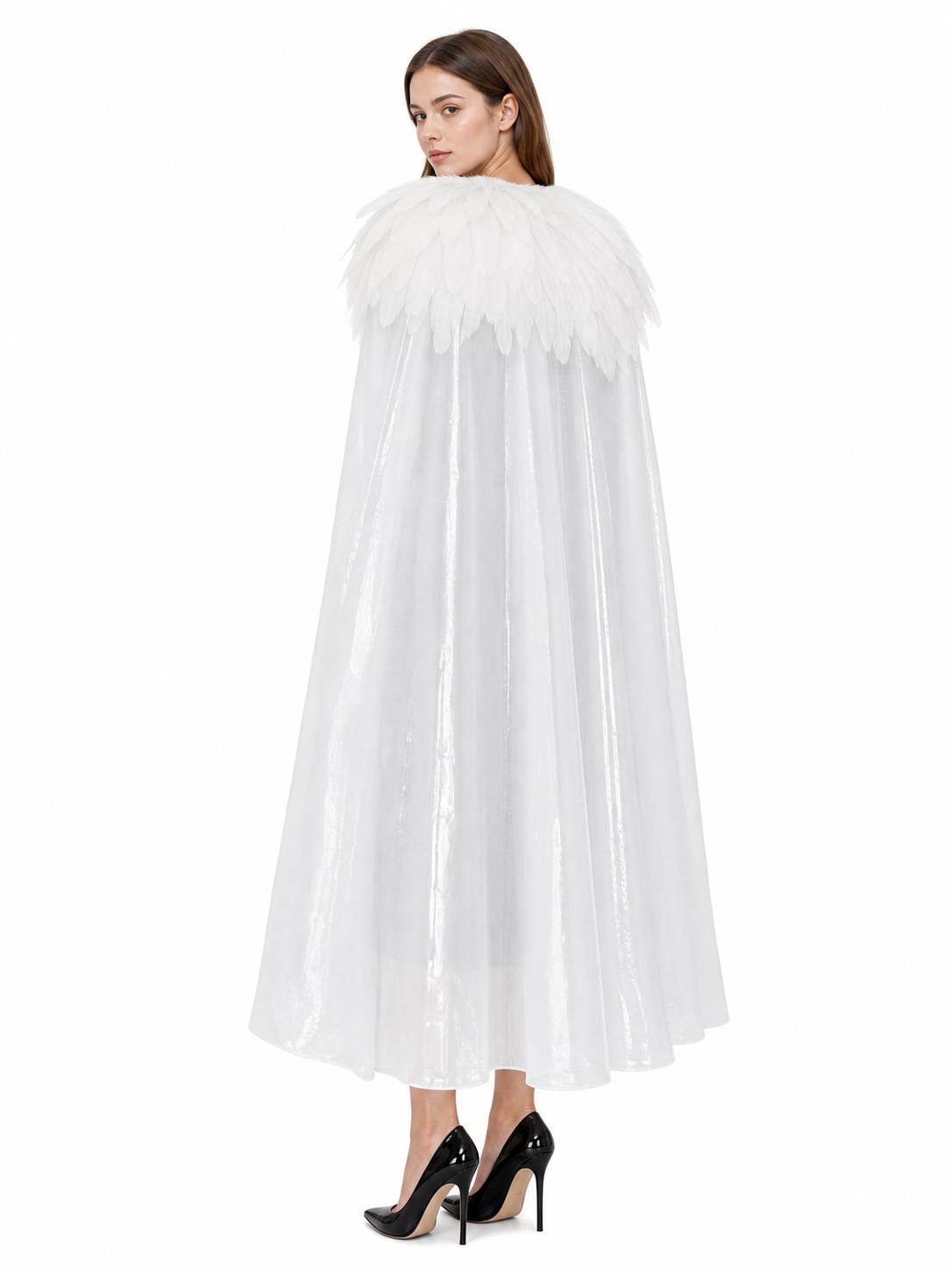 White Velvet Cape with Feather Trim, Maxi
