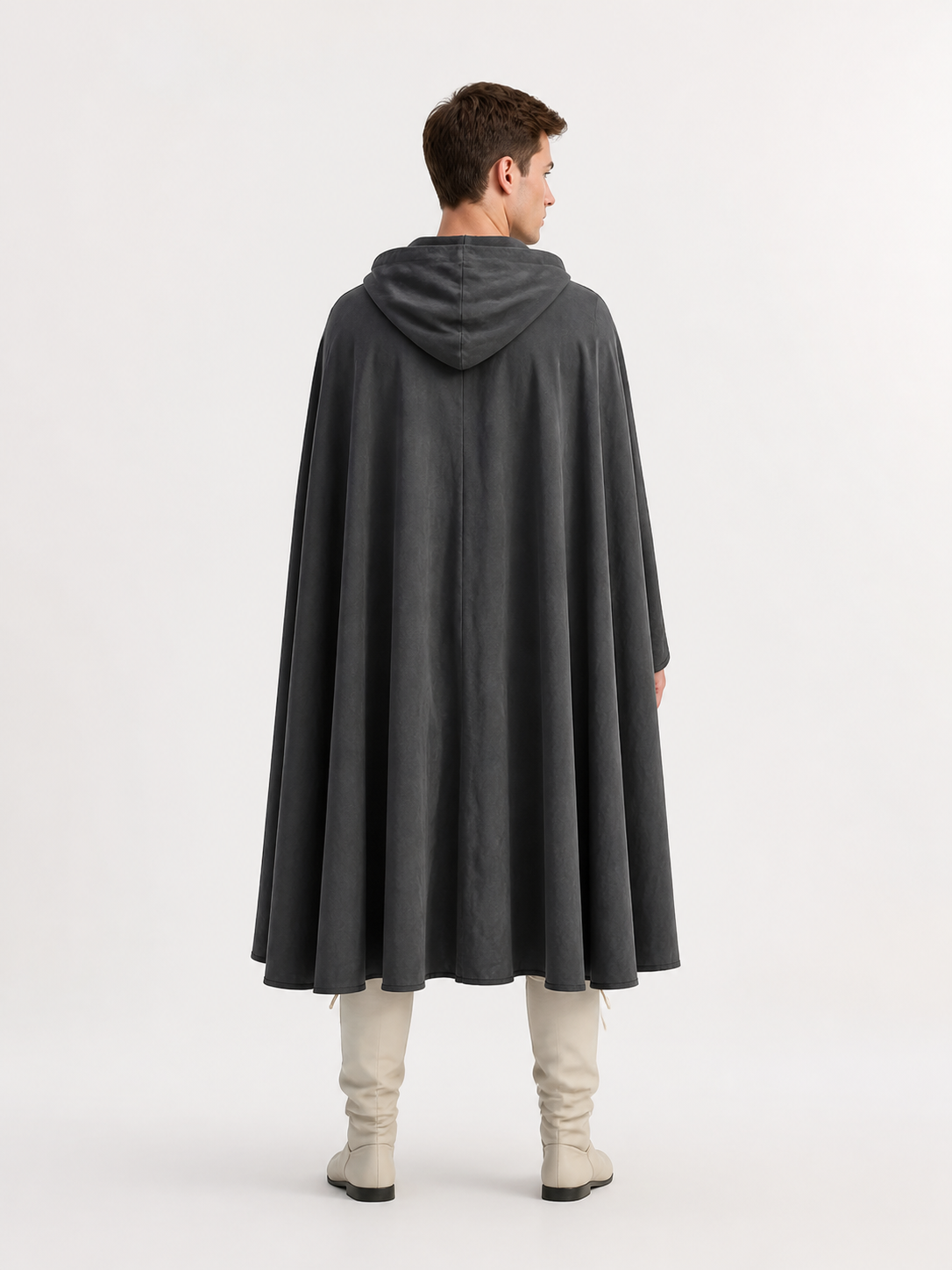 Adult Fantasy Hooded Cape, Long Dark Gray Cloak With Front Tie Closure, Wide back view 2