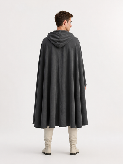 Adult Fantasy Hooded Cape, Long Dark Gray Cloak With Front Tie Closure, Wide back view 2