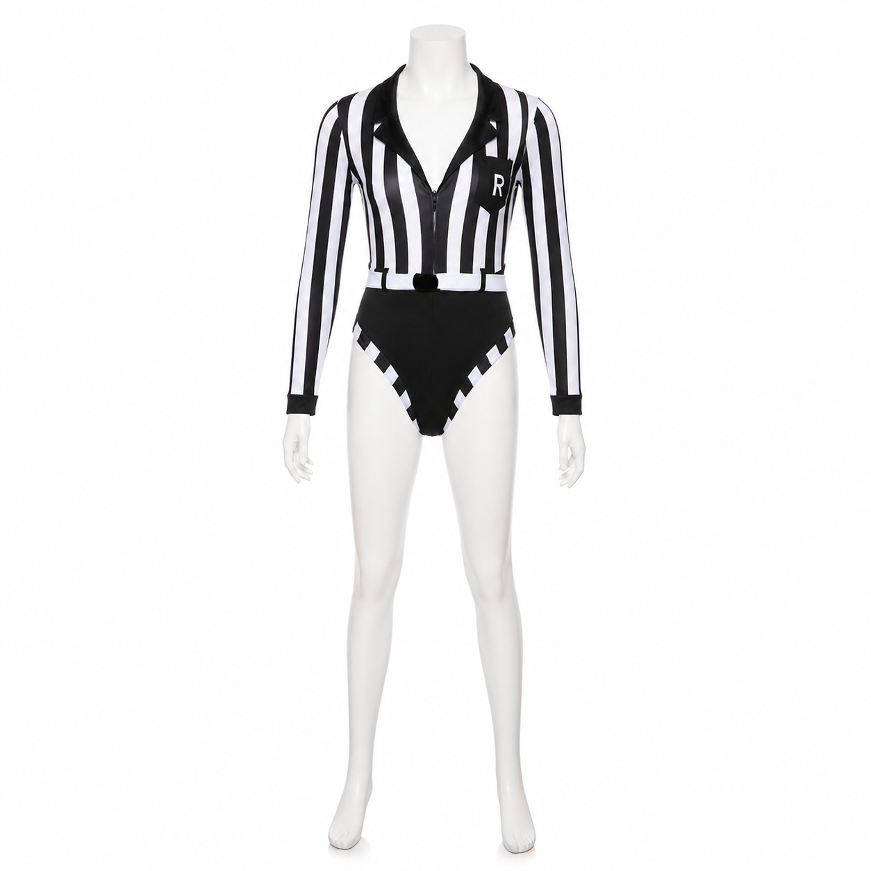 Black-and-White Jumpsuit with R Patch and Collar back view