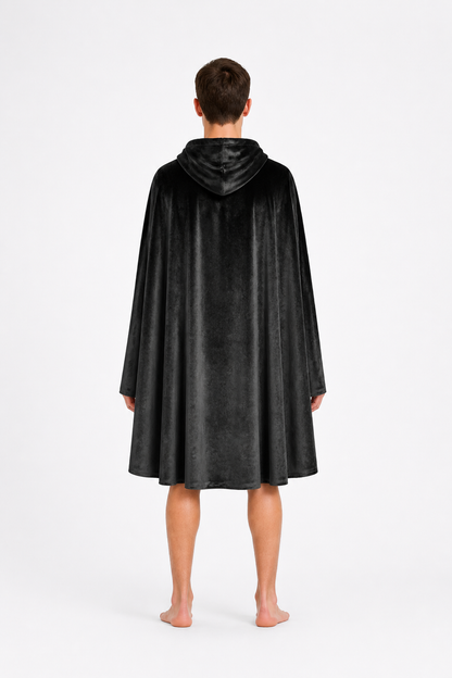 Long Black Hooded Cape with Closure back view