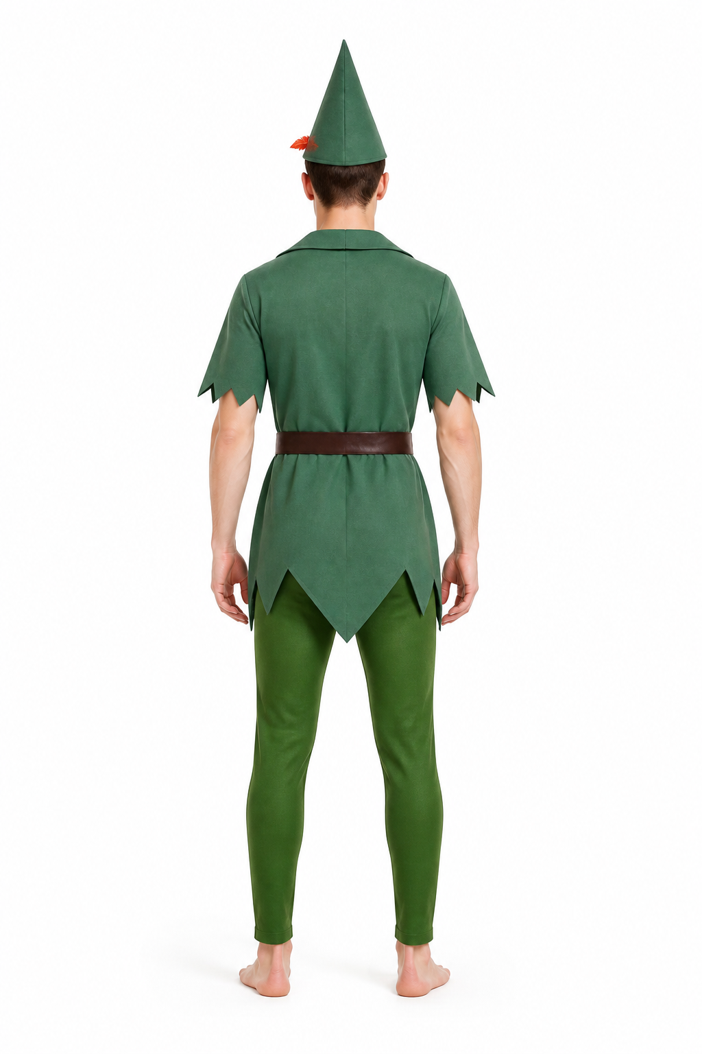 Peter Pan Cosplay Costume with Hat and Belt back view