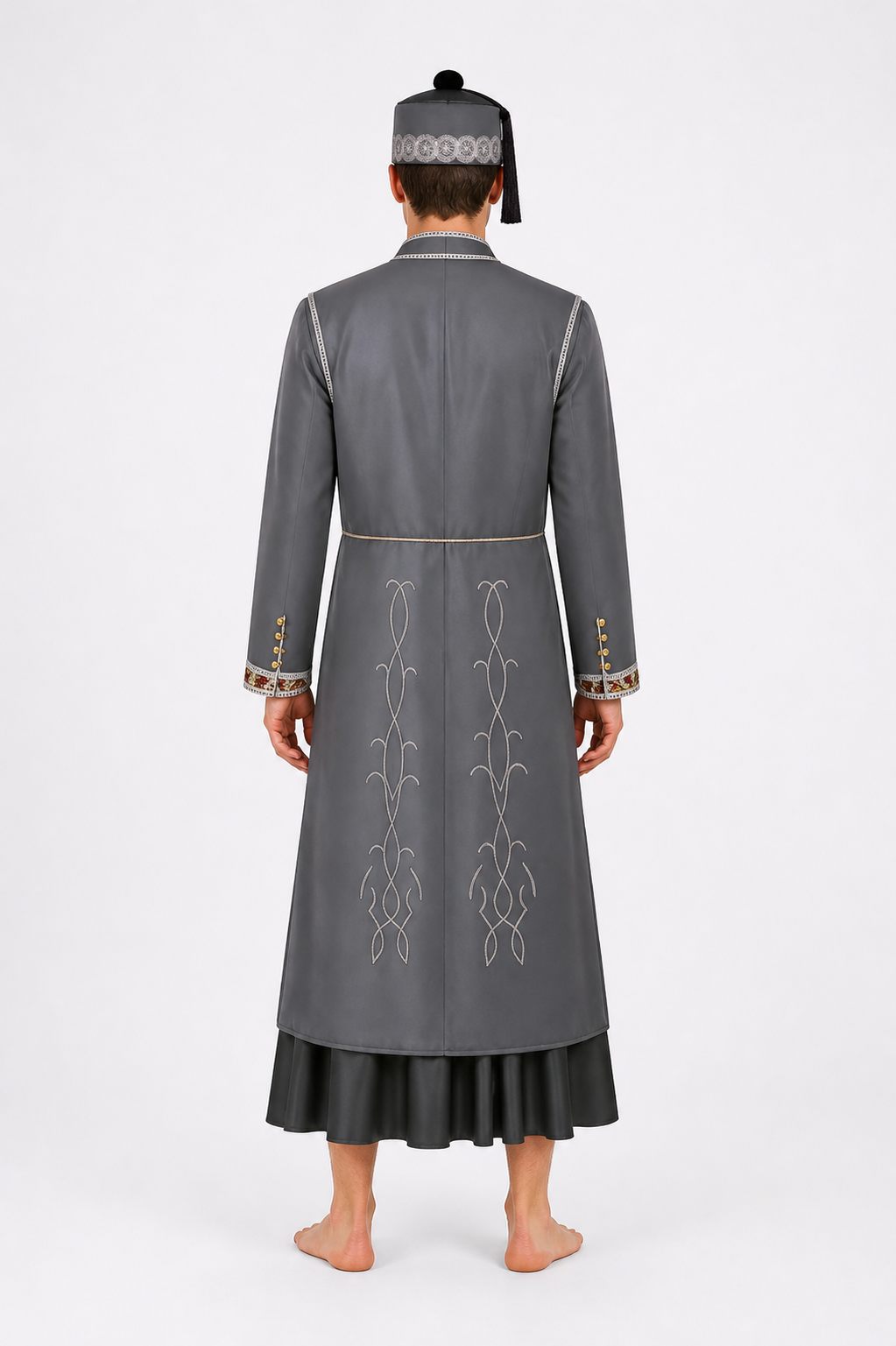 Back view of the gray wizard robe showing the embroidered back panels and dark underdress hem