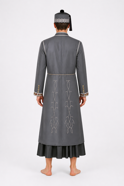 Back view of the gray wizard robe showing the embroidered back panels and dark underdress hem