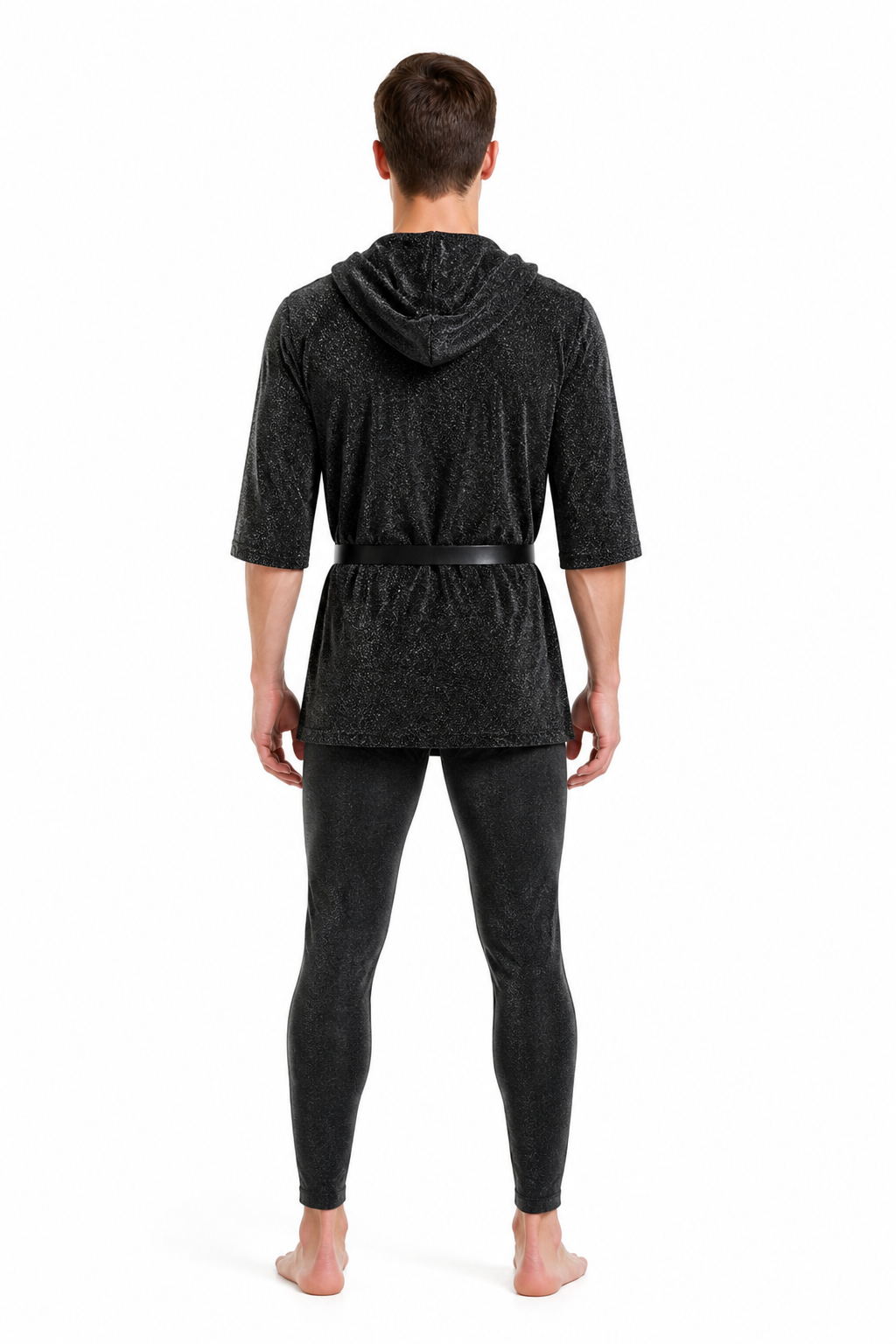 Cosplay costume: hooded top, hat, and belt back view