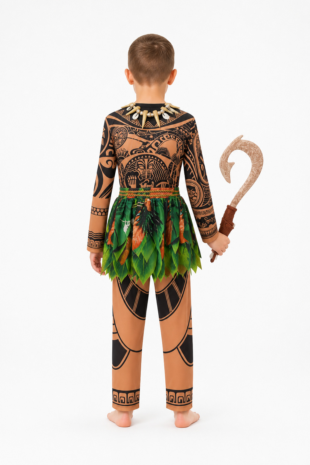 Maui Carnival Costume with Tattoo Print and Leaves back view