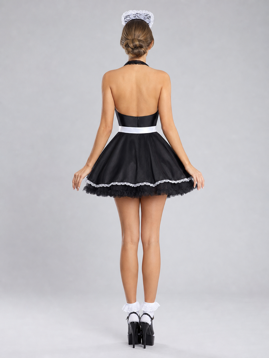 Cosplay Dress with Black-and-White Decor and Apron