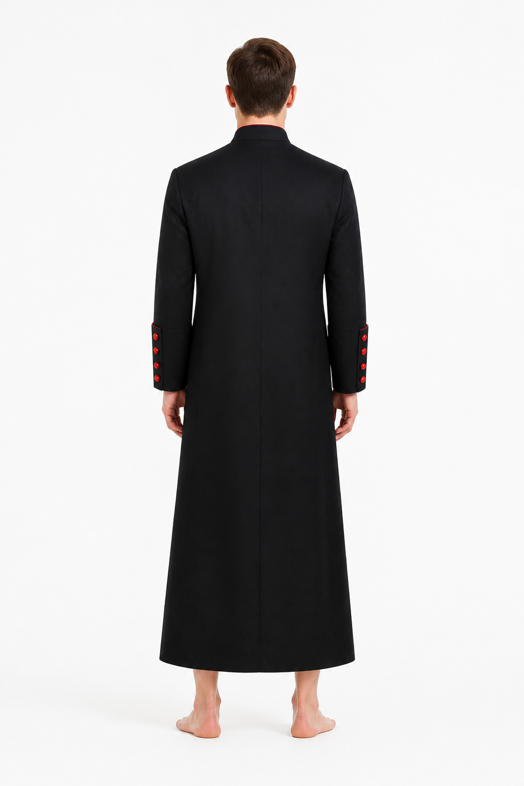Pastor Costume with Red Trim and Stand Collar back view
