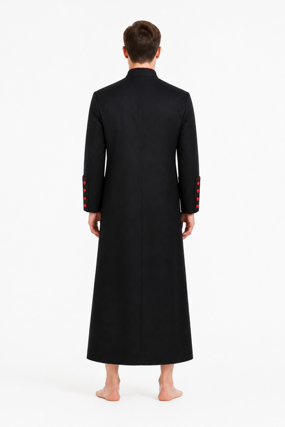Pastor Costume with Red Trim and Stand Collar back view