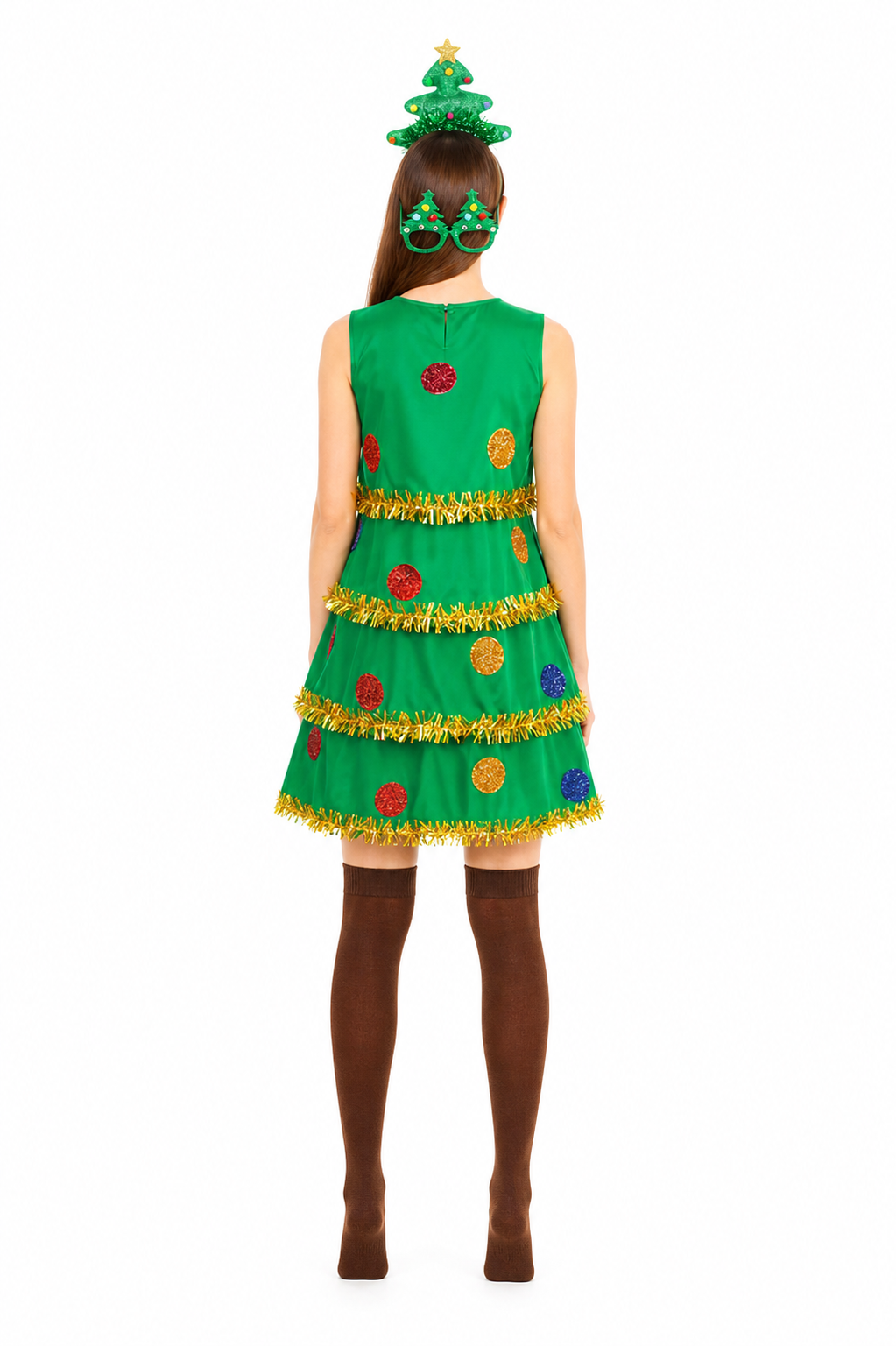 Christmas Tree Costume with Glasses and Stockings back view