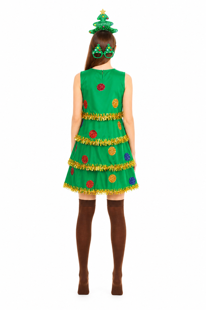 Christmas Tree Costume with Glasses and Stockings back view