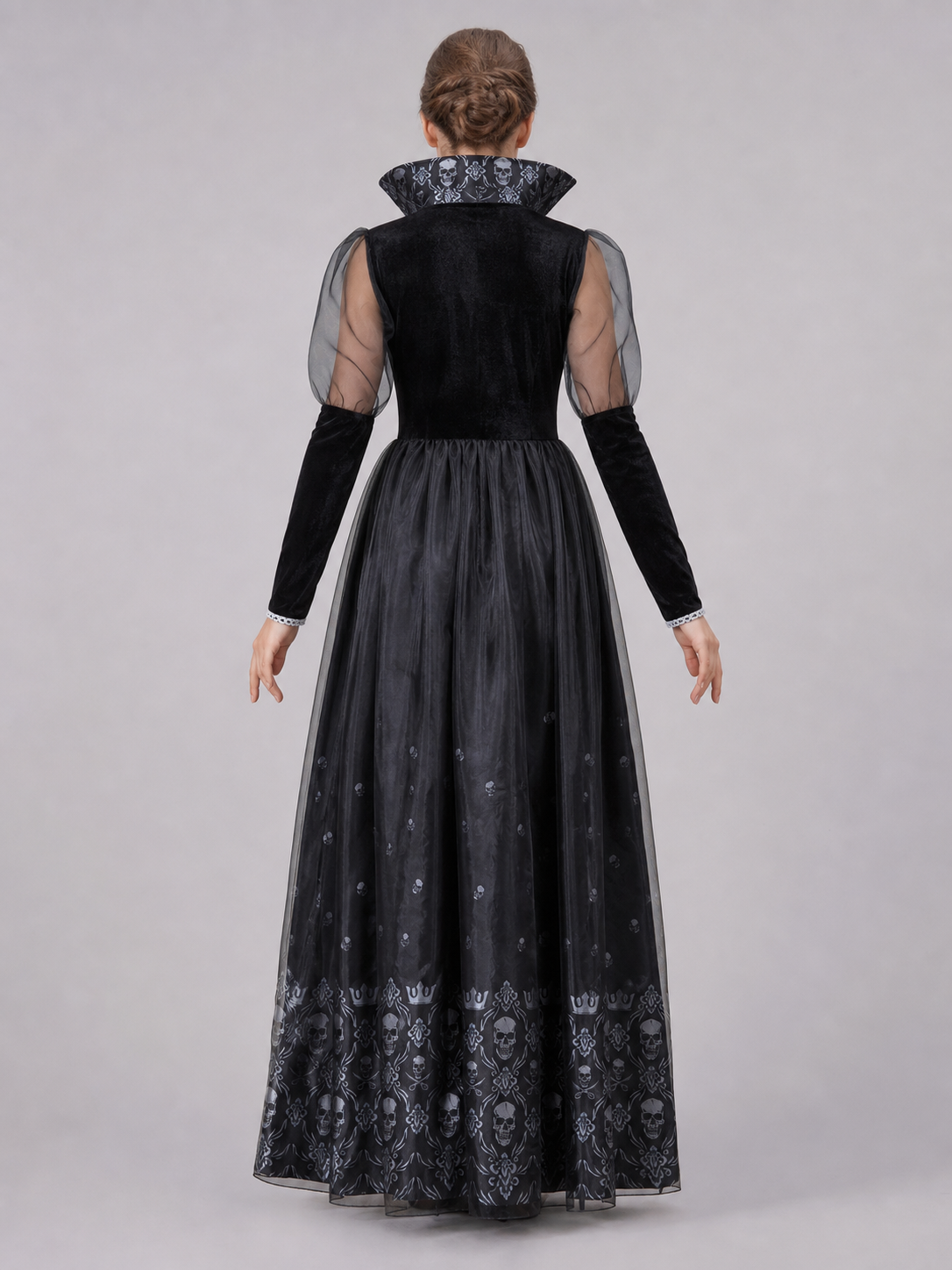 Gothic Dress with Sheer Sleeves and Skulls back view