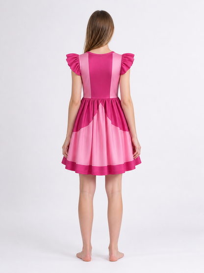 Pink Cosplay Dress with Ruffles and Flared Skirt back view