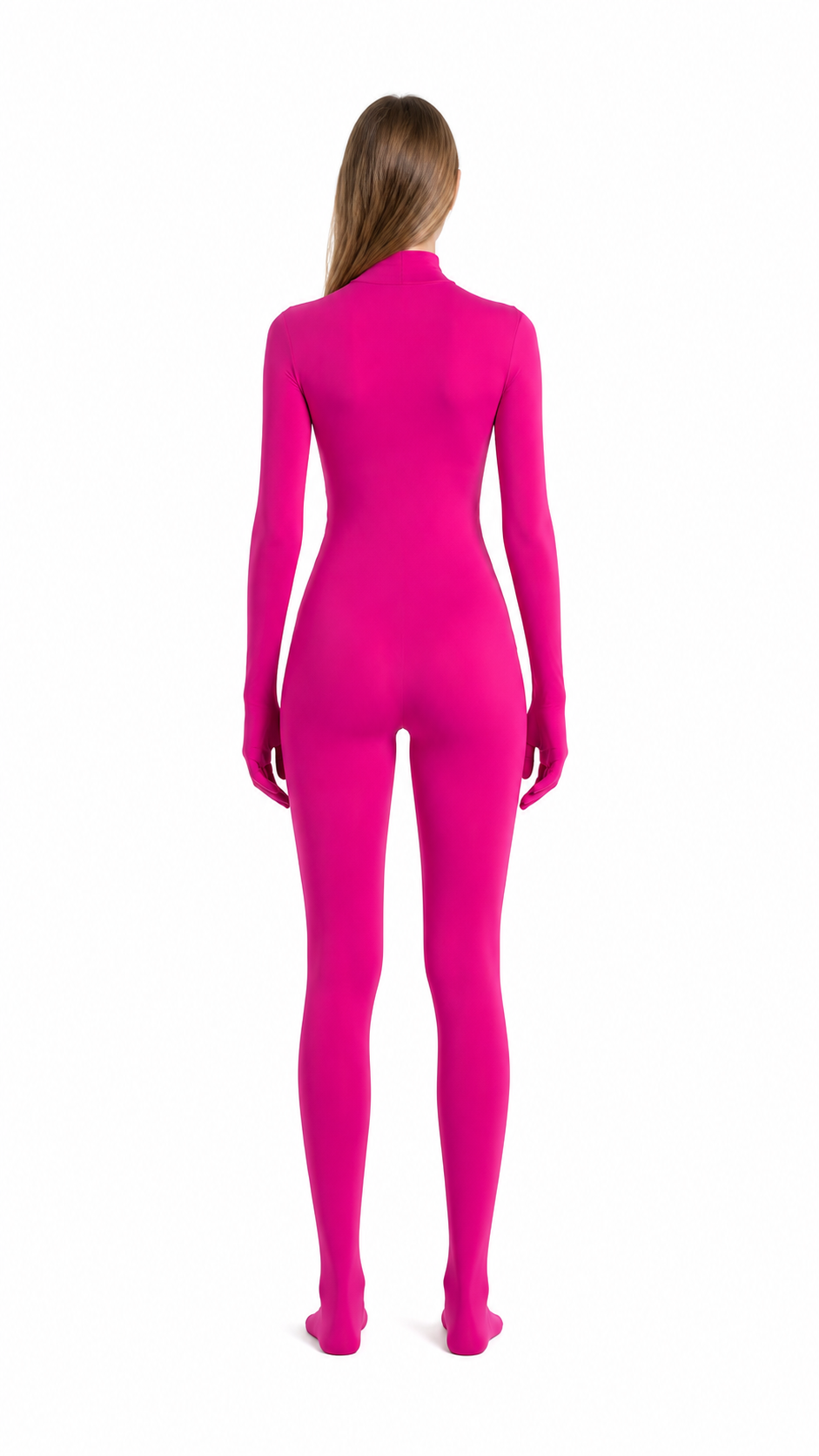 One-piece jumpsuit with a high collar and covered hands and feet back view