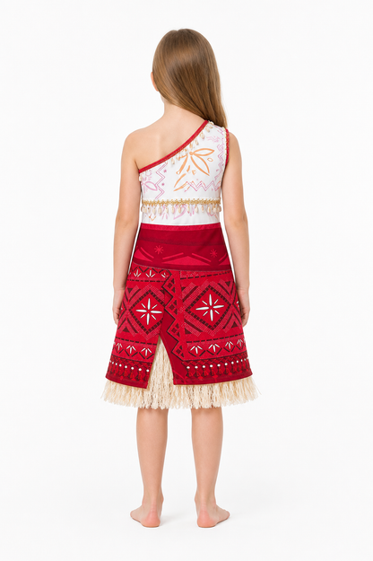 Red Sleeveless Moana-Style Dress with Fringe back view