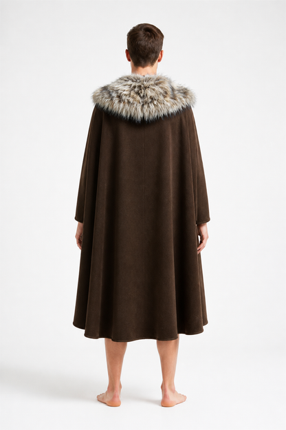 Long Brown Cape with Fur Collar back view