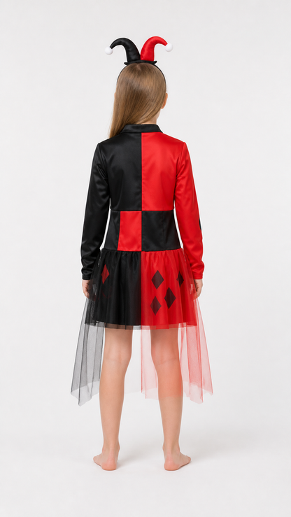 Halloween clown costume with dress and hat back view