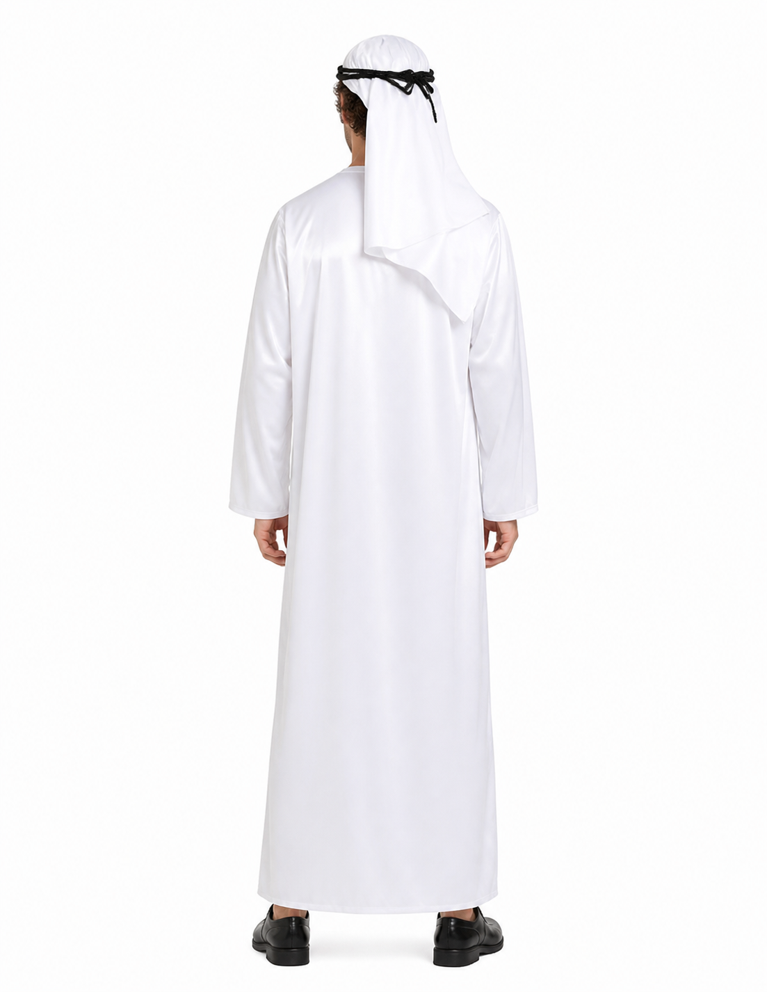 Long Robe with Head Covering, White, with Headband back view