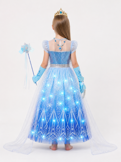 Glowing Elsa Costume with Crown and Snowflakes