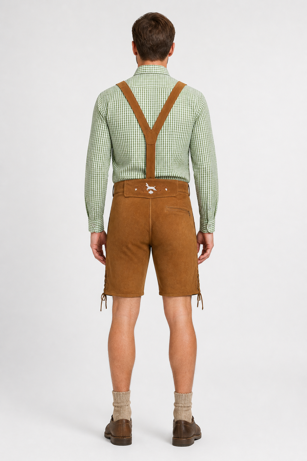 Bavarian Costume with Plaid Shirt and Suspenders back view