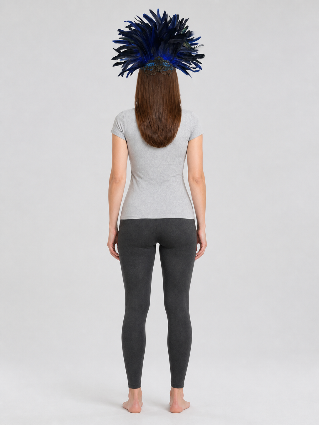 Carnival Headpiece with Blue-and-Black Feathers and Mask back view