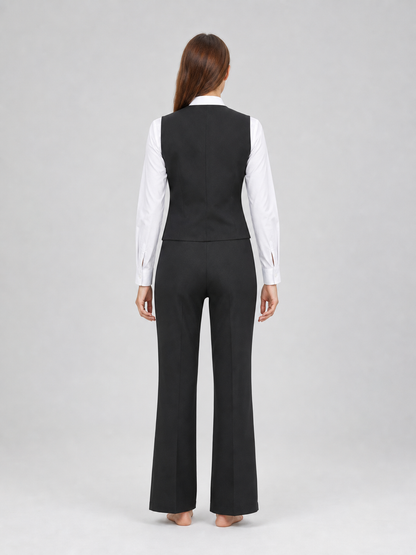 Vintage costume designed in a formal style with retro and gangster-inspired elements. The set includes a white long-sleeve shirt with a collar, a black button-front vest with lapels, a breast pocket, and lower pockets, as well as a black ne