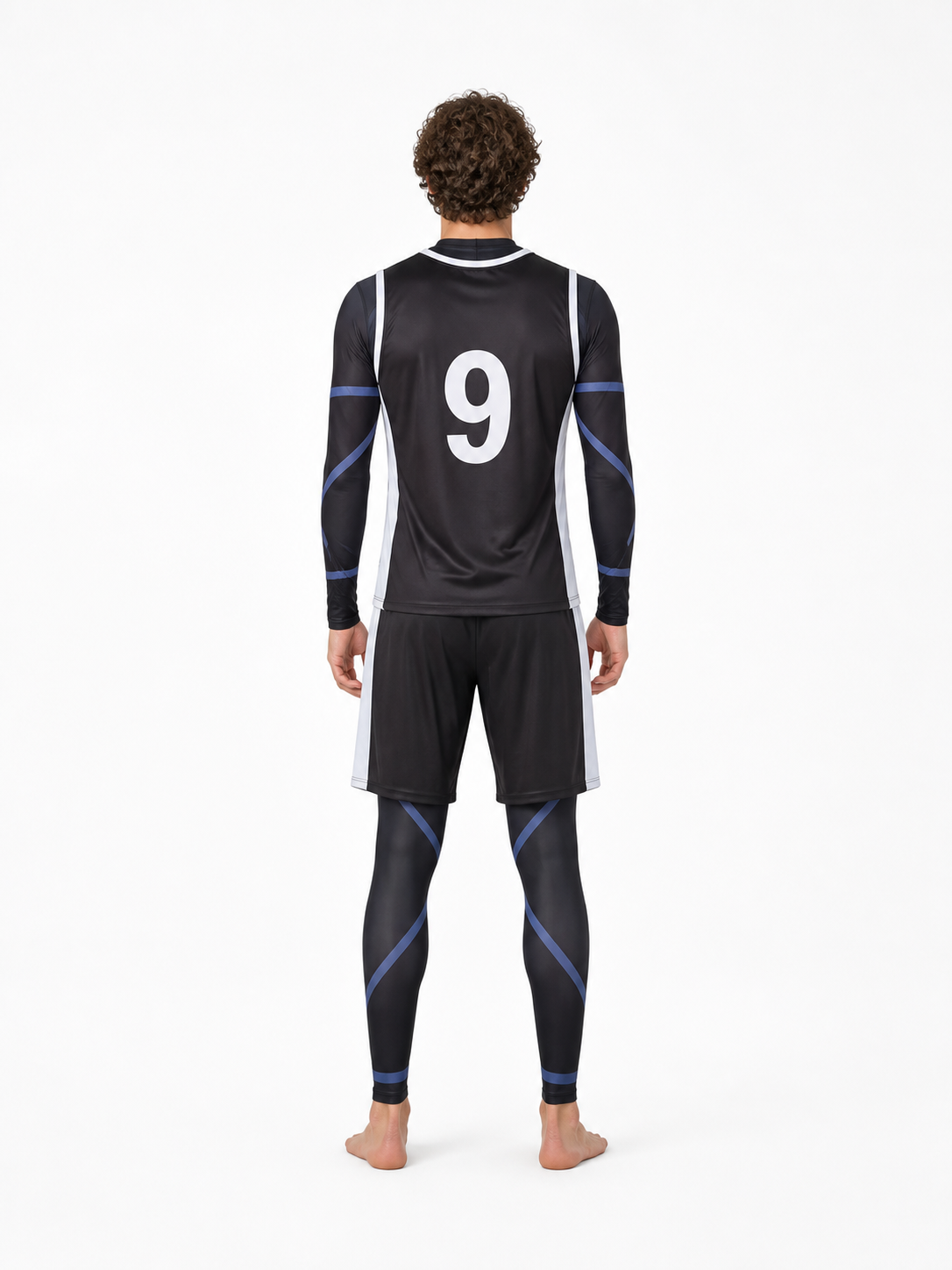 Soccer cosplay costume with No. 9, blue and white back view