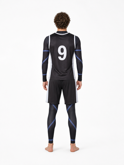 Soccer cosplay costume with No. 9, blue and white back view