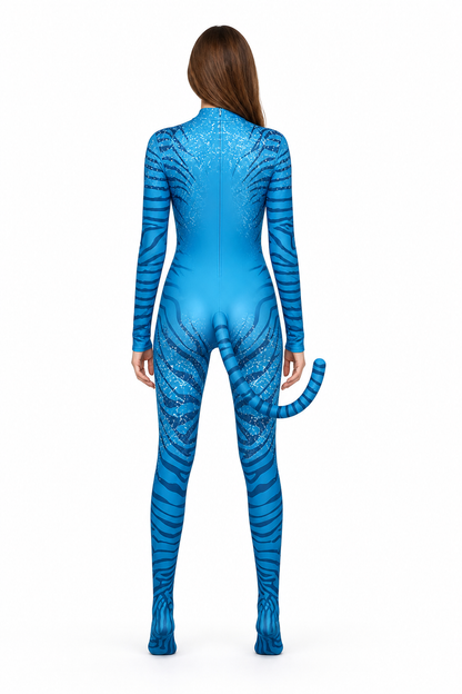 Blue Avatar Jumpsuit with Tail for Children and Adults back view