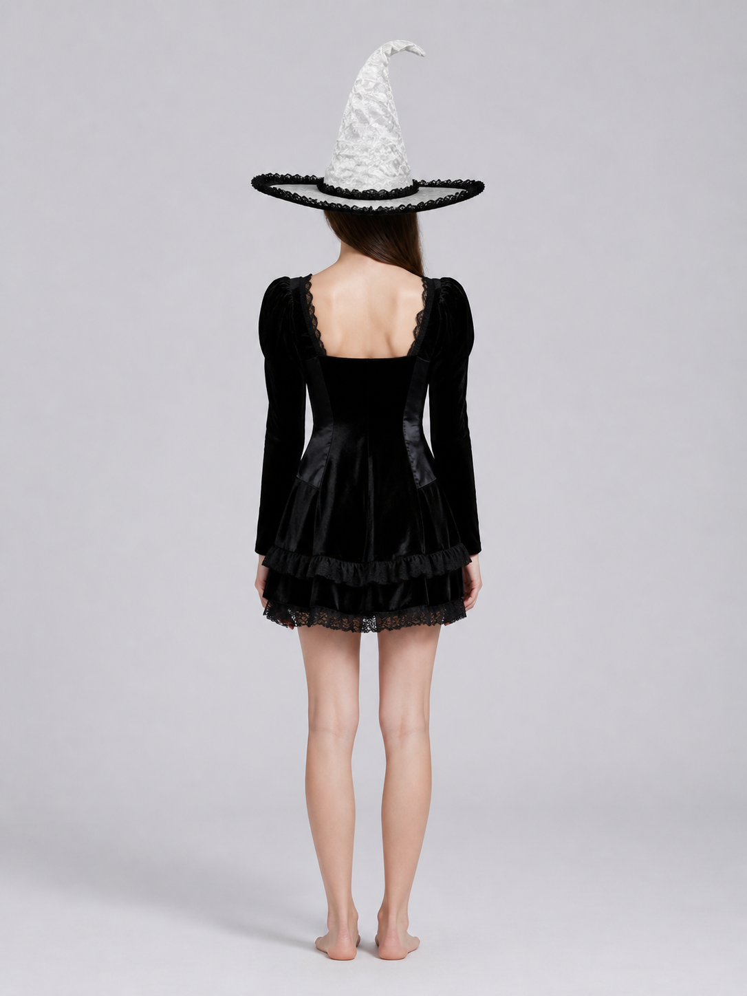 White and Black Witch Hat, Wide Brim Pointed Hat with Lace Trim and Curved back view 2