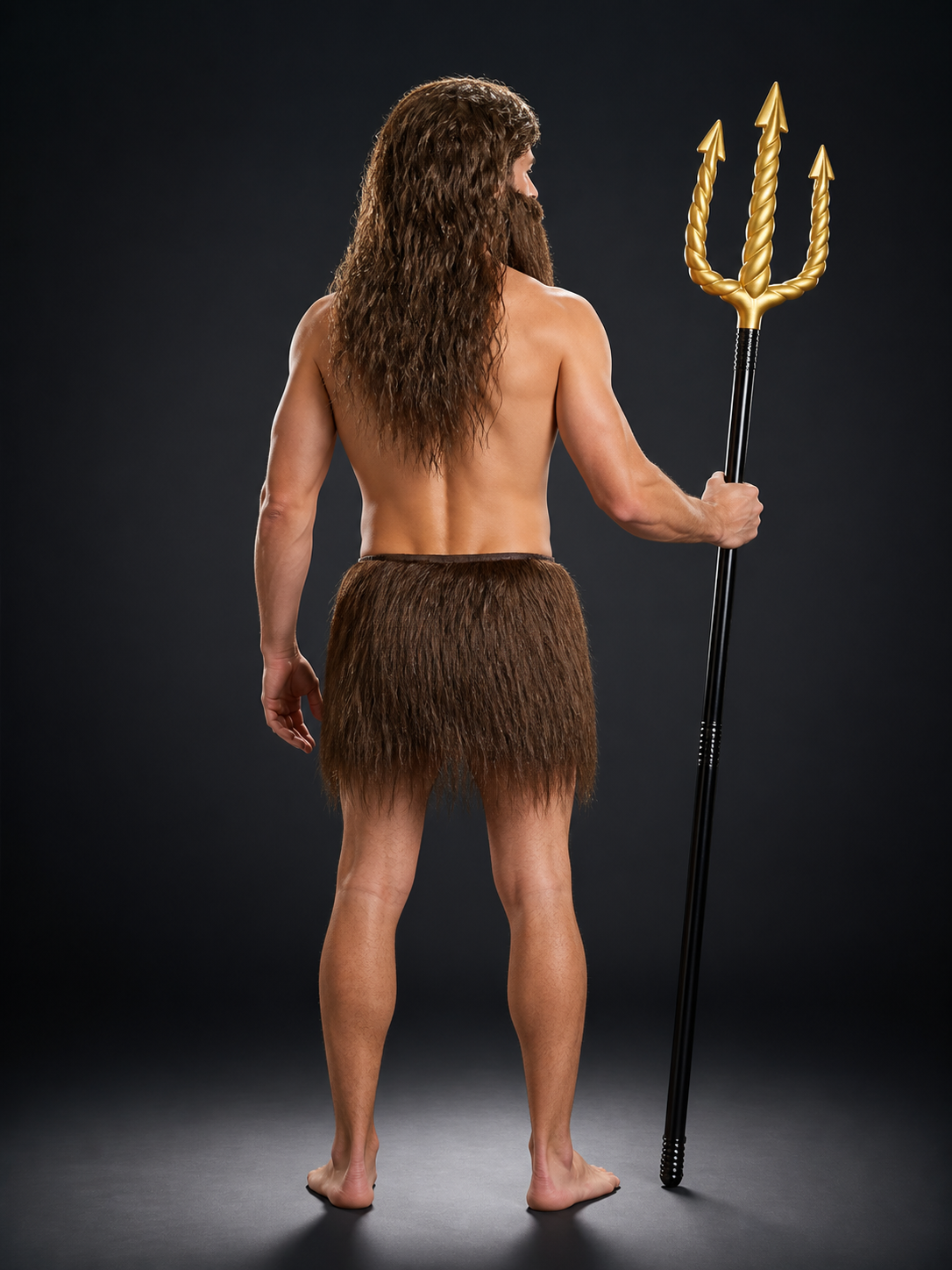Rear full-body view of a man wearing a long brown wig and brown skirt, holding a black staff with golden trident
