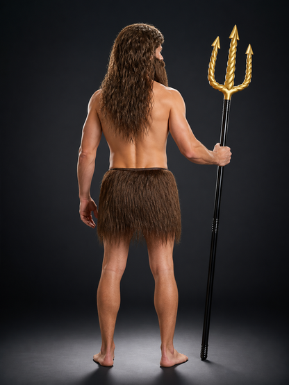 Rear full-body view of a man wearing a long brown wig and brown skirt, holding a black staff with golden trident