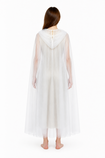 Long Semi-Transparent White Hooded Cape back view