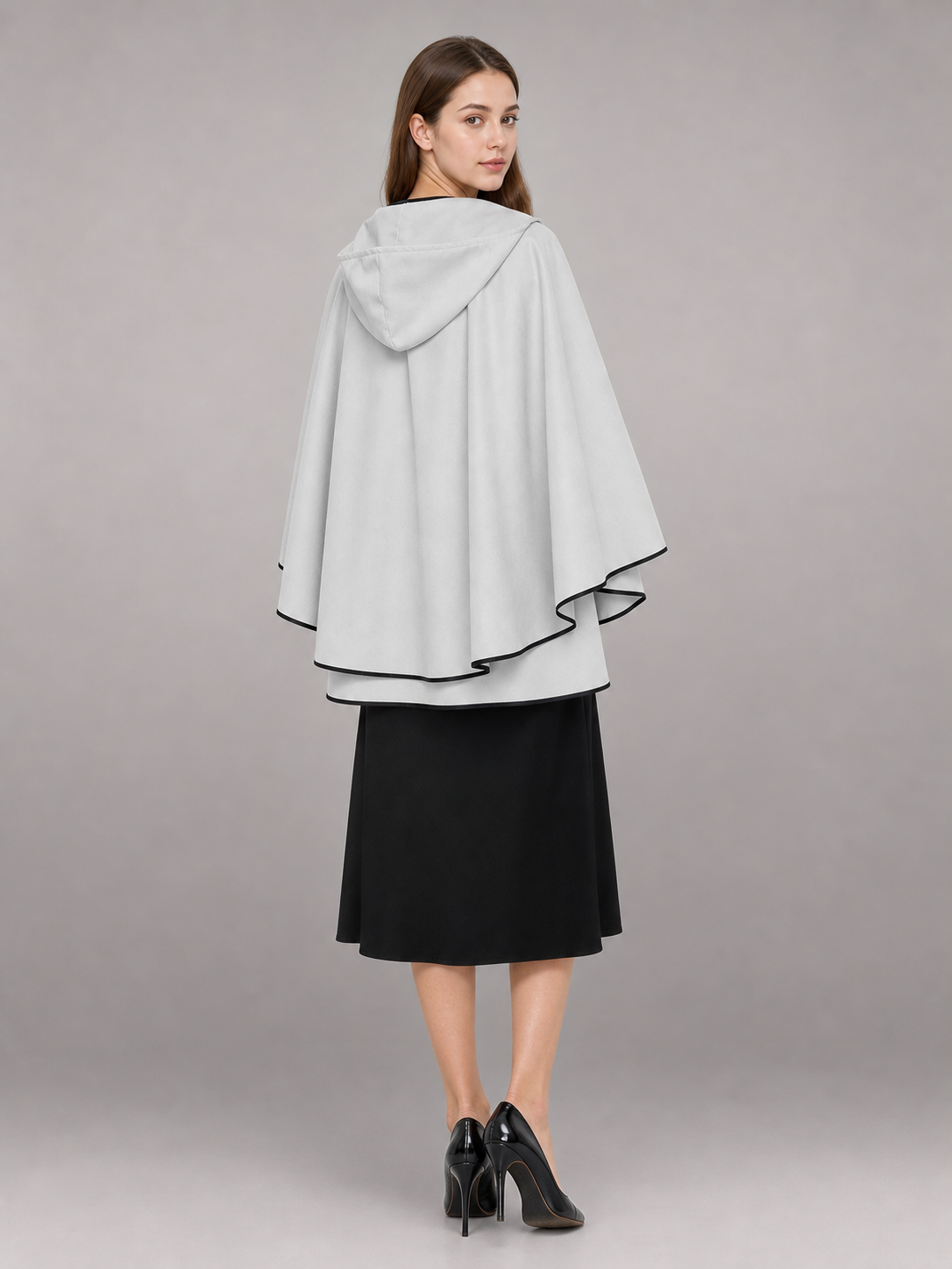 White Carnival Cloak with Hood and Black Trim