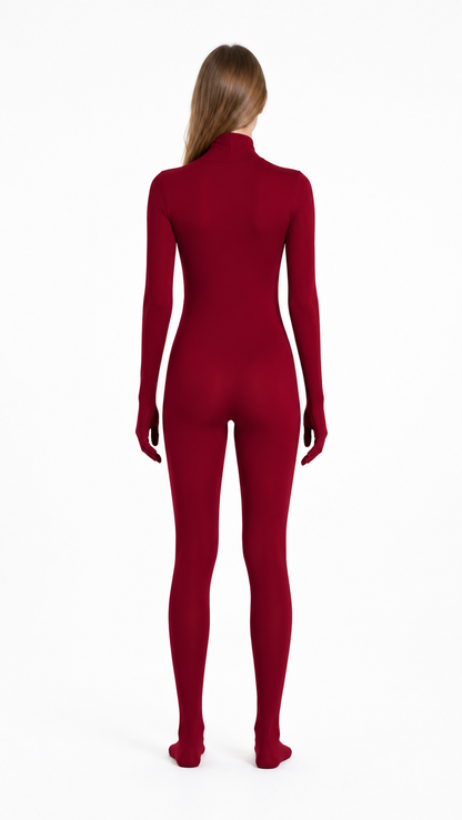 Hooded jumpsuit with covered hands and feet back view